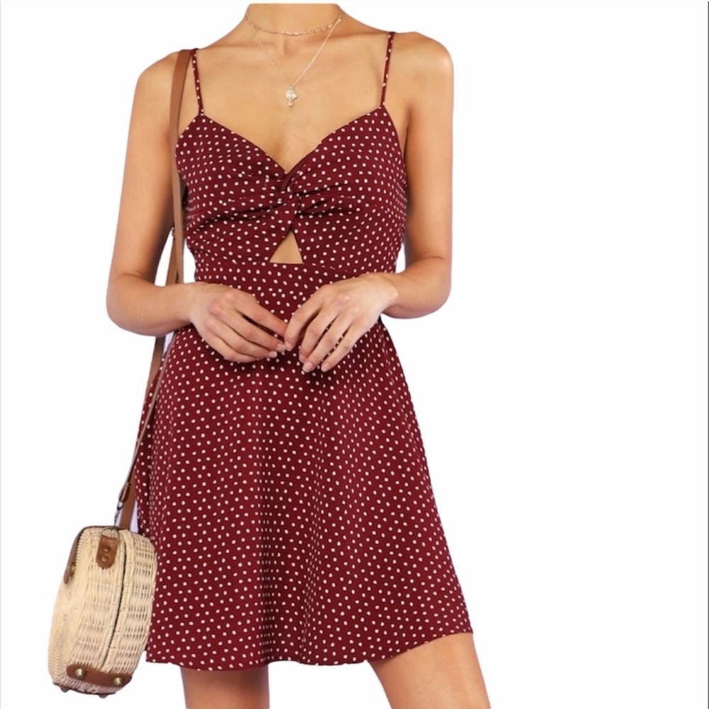 Windsor Polka Dot Cutout Dress – Burgundy Red, Size S – Flirty Summer Look